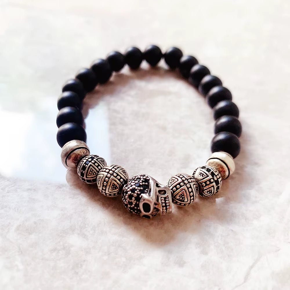 Skull Cross Bead Bracelet,Europe Style Rebel Fashion Punk Jewelry for Men and Women 925 Sterling Silver Obsidian Gift