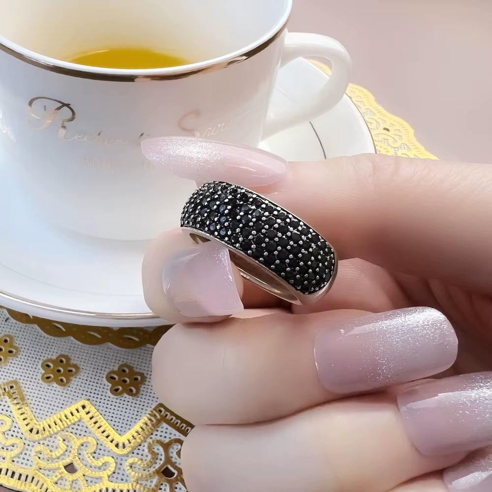Black Pave Band Ring,Europe Style Classic Fine Jewerly for Men & Women Gift in 925 Sterling Silver