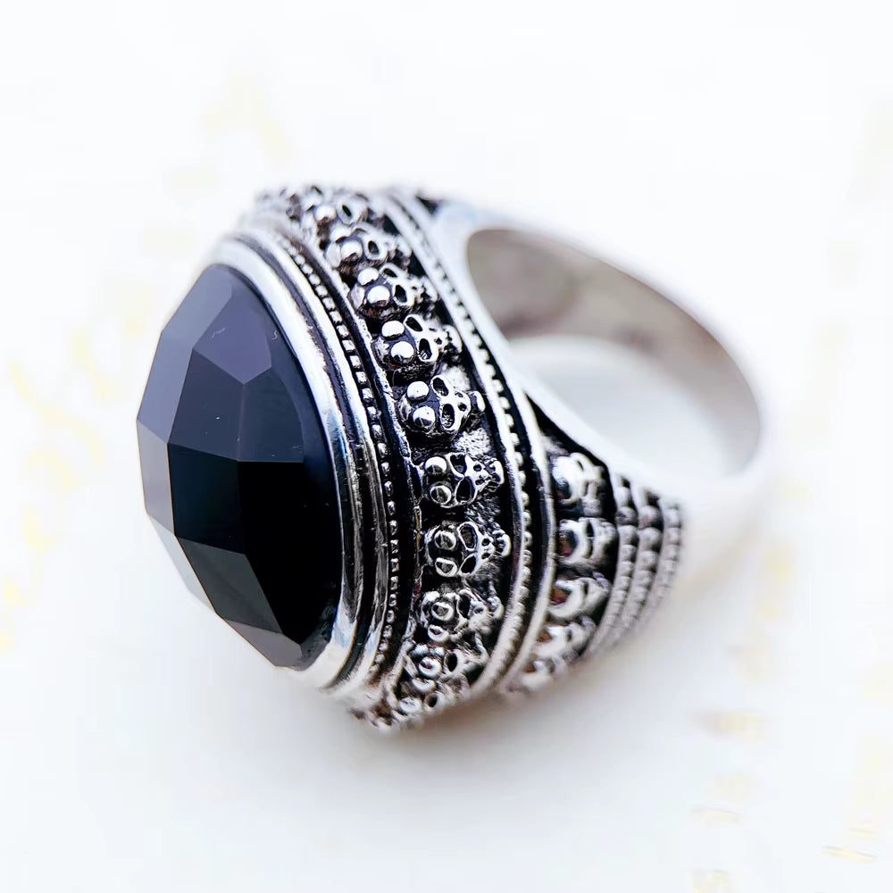 Cocktail Ring Black Oval CZ Skull Skeleton,Europe Style Fashion Jewelry Gift in 925 Sterling Silver for Men & Women