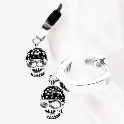 Hoop Earring Black Skull Europe Fine Jewerly for Women Men Vintage Gift in Real 925 Sterling Silver