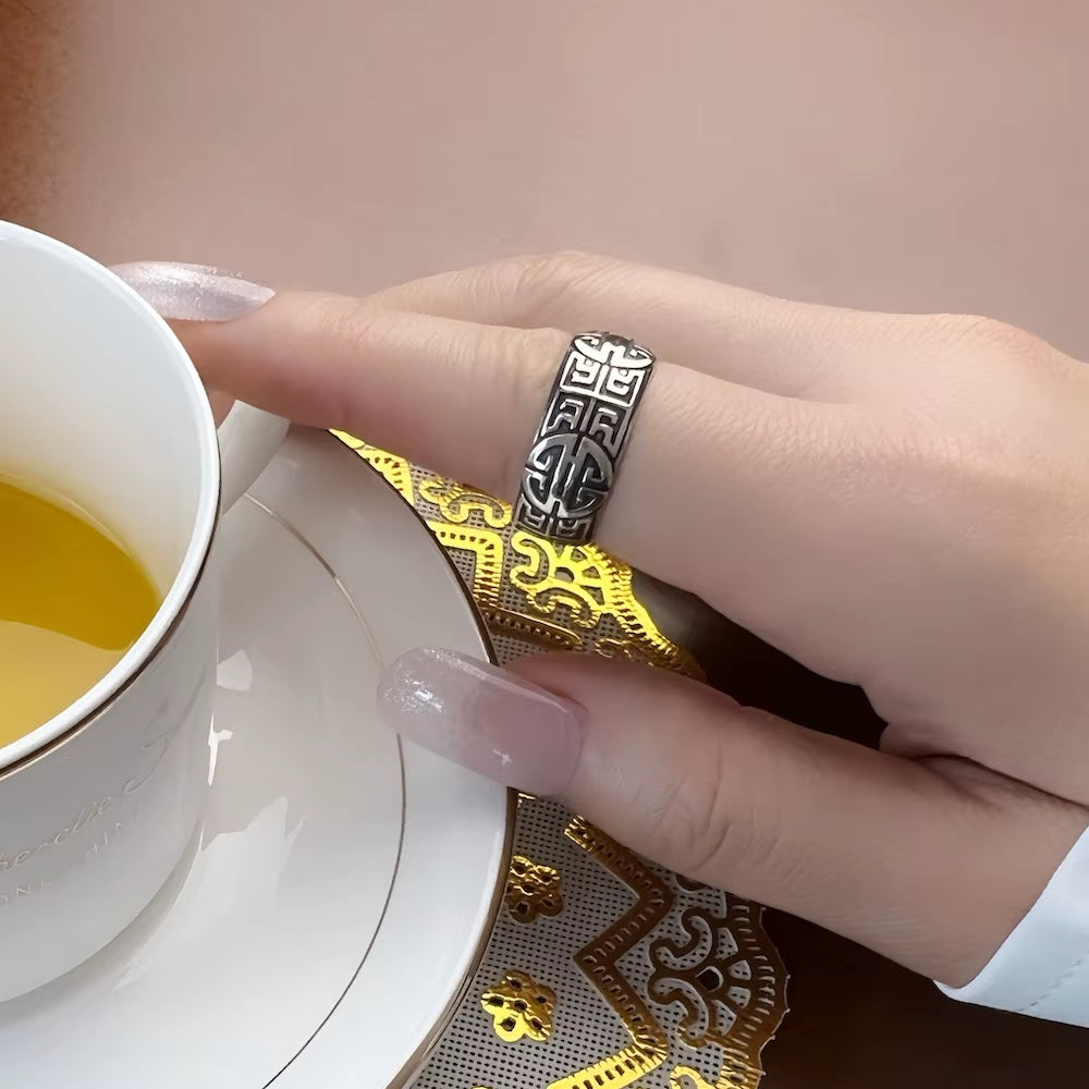 Band Ring Ethno Great Blessing Sign,Ethnic Fine Jewerly for Women Men Autumn Buddhist Prayer Gift in 925 Sterling Silver