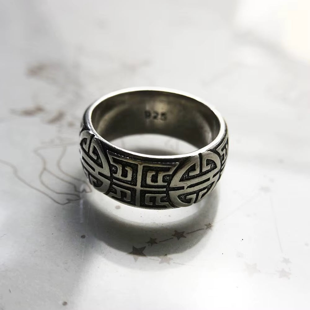 Band Ring Ethno Great Blessing Sign,Ethnic Fine Jewerly for Women Men Autumn Buddhist Prayer Gift in 925 Sterling Silver