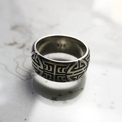Band Ring Ethno Great Blessing Sign,Ethnic Fine Jewerly for Women Men Autumn Buddhist Prayer Gift in 925 Sterling Silver