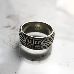 Band Ring Ethno Great Blessing Sign,Ethnic Fine Jewerly for Women Men Autumn Buddhist Prayer Gift in 925 Sterling Silver