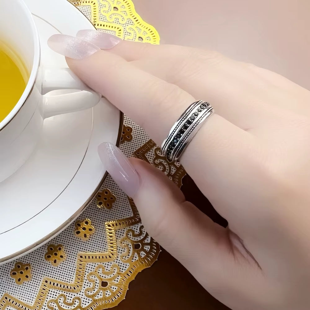 Black CZ Lane Ring,Europe Style Vintage Jewelry Fine Jewerly Gift for Men and Women in 925 Sterling Silver