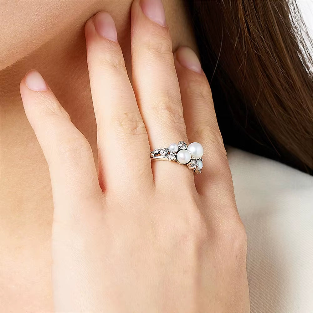 Freshwater Pearls with White Stones Ring Europe Style New Fine Jewerly Trendy Gift in 925 Sterling Silver for Women