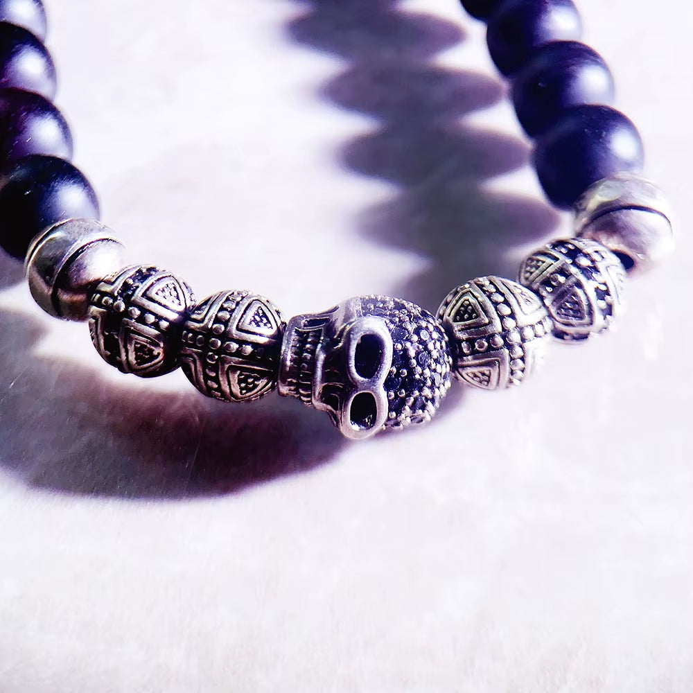 Skull Cross Bead Bracelet,Europe Style Rebel Fashion Punk Jewelry for Men and Women 925 Sterling Silver Obsidian Gift
