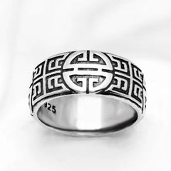 Band Ring Ethno Great Blessing Sign,Ethnic Fine Jewerly for Women Men Autumn Buddhist Prayer Gift in 925 Sterling Silver
