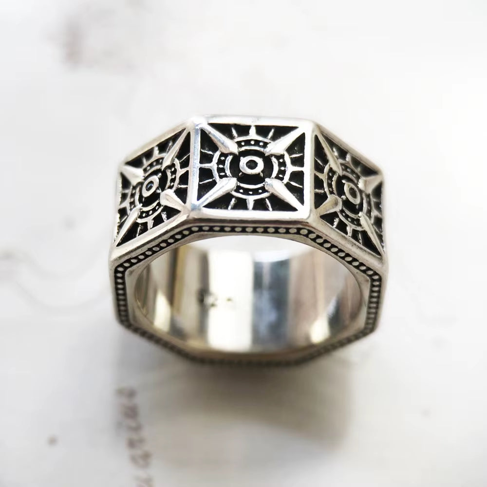 Compass Angular Black Ring in 925 Sterling Silver,Vintage Gift for Women Men,Europe Sign of Strength Winter Fine Jewelry