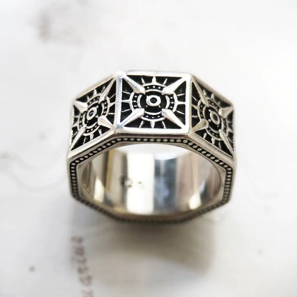 Compass Angular Black Ring in 925 Sterling Silver,Vintage Gift for Women Men,Europe Sign of Strength Winter Fine Jewelry
