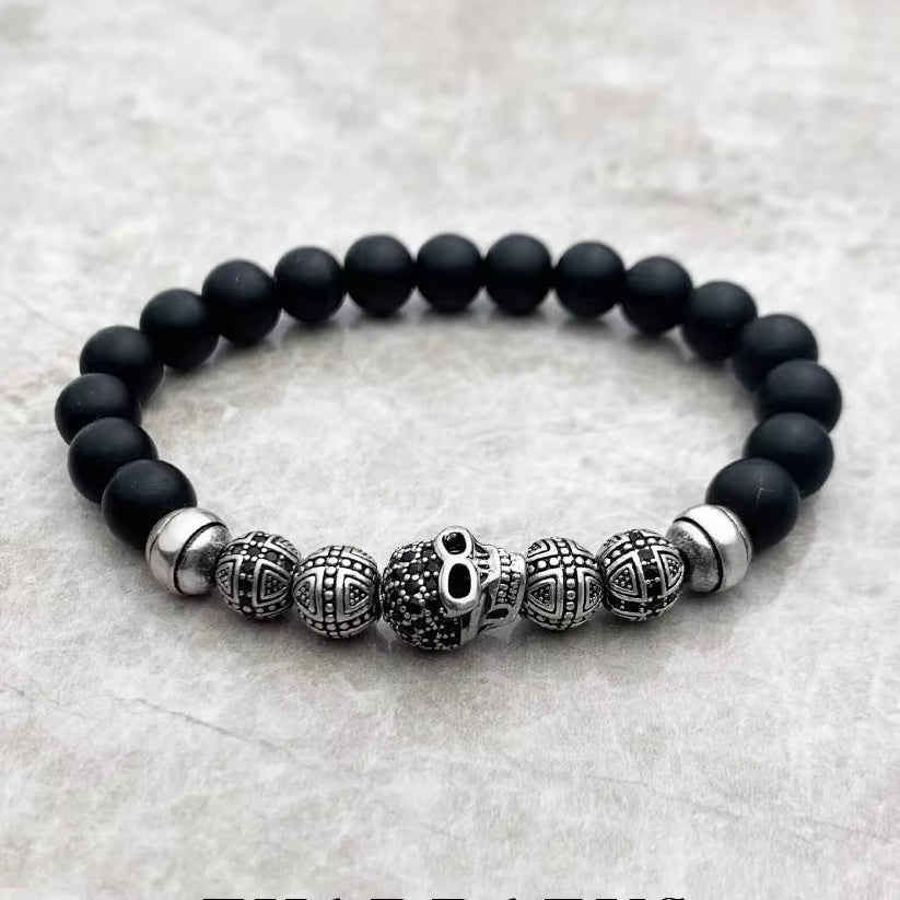 Skull Cross Bead Bracelet,Europe Style Rebel Fashion Punk Jewelry for Men and Women 925 Sterling Silver Obsidian Gift