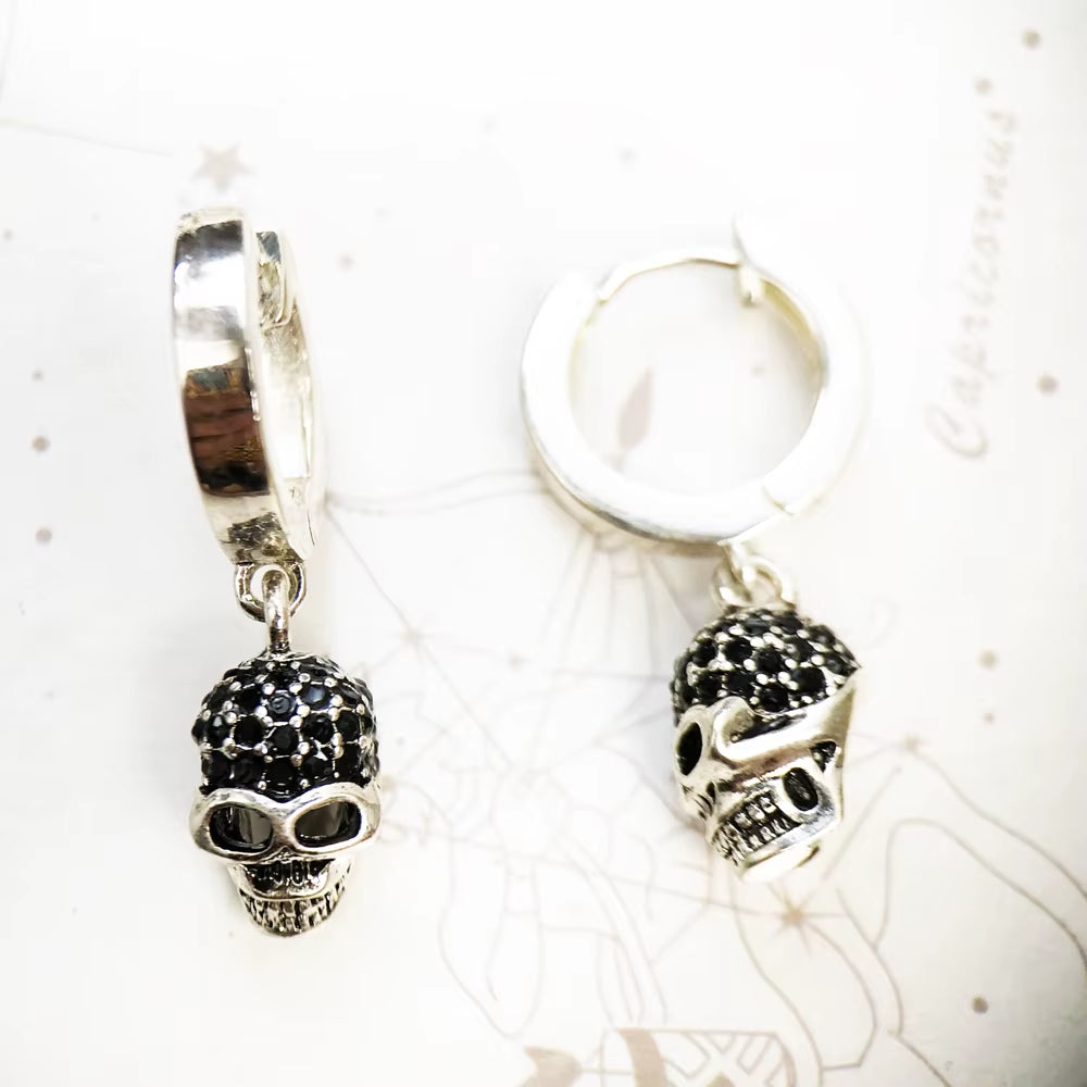 Hoop Earring Black Skull Europe Fine Jewerly for Women Men Vintage Gift in Real 925 Sterling Silver
