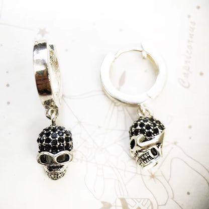 Hoop Earring Black Skull Europe Fine Jewerly for Women Men Vintage Gift in Real 925 Sterling Silver
