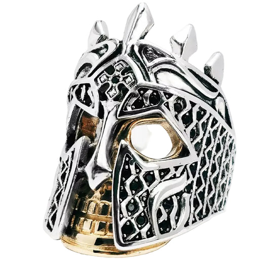 Yellow Gold Plated Ring Knight Helmet Fine Jewerly for Women Men Winter Brand New Vintage Gift in 925 Sterling Silver