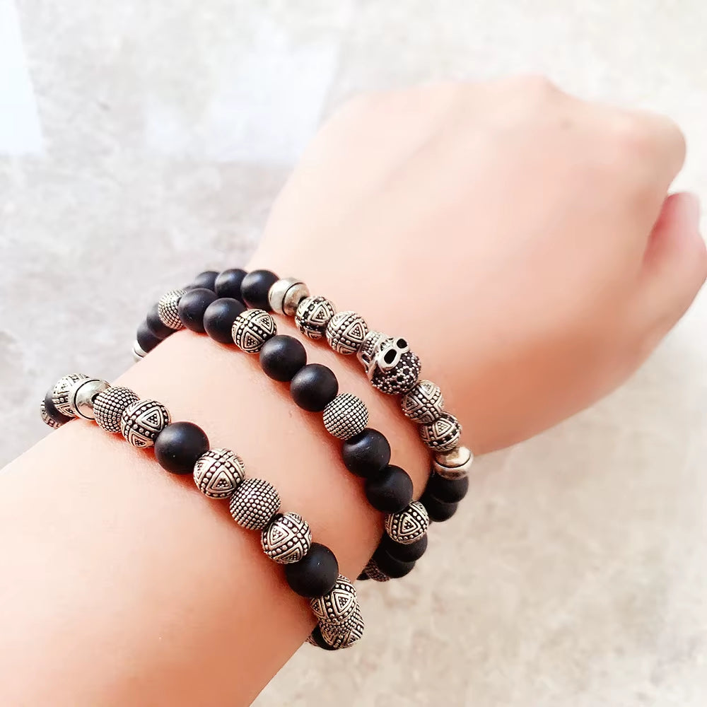 Skull Cross Bead Bracelet,Europe Style Rebel Fashion Punk Jewelry for Men and Women 925 Sterling Silver Obsidian Gift