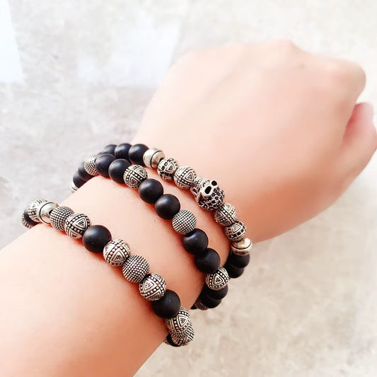 Skull Cross Bead Bracelet,Europe Style Rebel Fashion Punk Jewelry for Men and Women 925 Sterling Silver Obsidian Gift