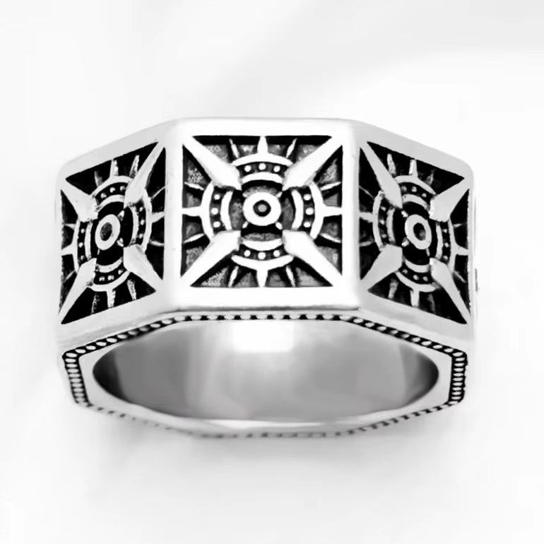 Compass Angular Black Ring in 925 Sterling Silver,Vintage Gift for Women Men,Europe Sign of Strength Winter Fine Jewelry