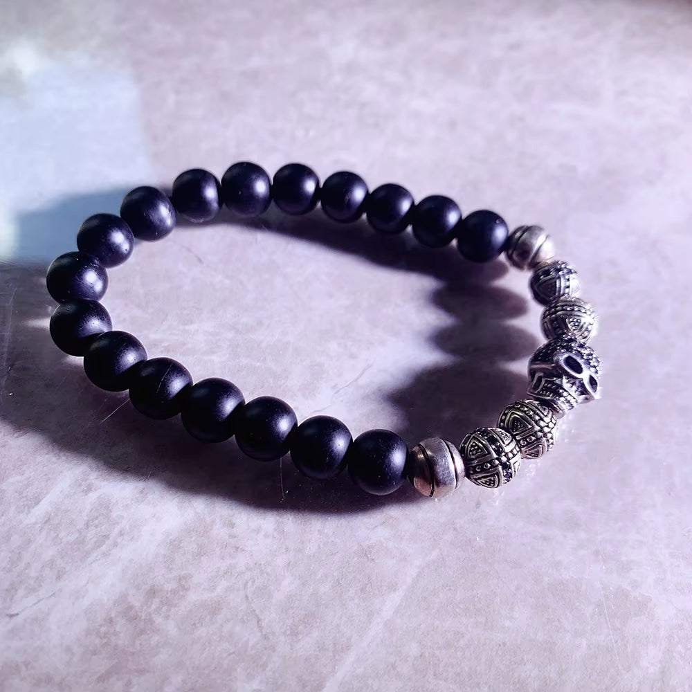 Skull Cross Bead Bracelet,Europe Style Rebel Fashion Punk Jewelry for Men and Women 925 Sterling Silver Obsidian Gift