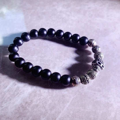 Skull Cross Bead Bracelet,Europe Style Rebel Fashion Punk Jewelry for Men and Women 925 Sterling Silver Obsidian Gift