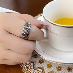 Band Ring Ethno Great Blessing Sign,Ethnic Fine Jewerly for Women Men Autumn Buddhist Prayer Gift in 925 Sterling Silver