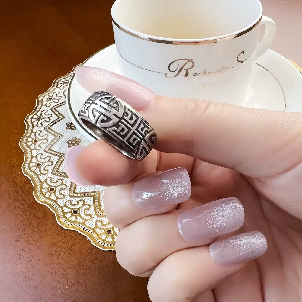 Band Ring Ethno Great Blessing Sign,Ethnic Fine Jewerly for Women Men Autumn Buddhist Prayer Gift in 925 Sterling Silver