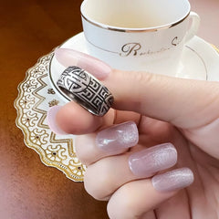 Band Ring Ethno Great Blessing Sign,Ethnic Fine Jewerly for Women Men Autumn Buddhist Prayer Gift in 925 Sterling Silver