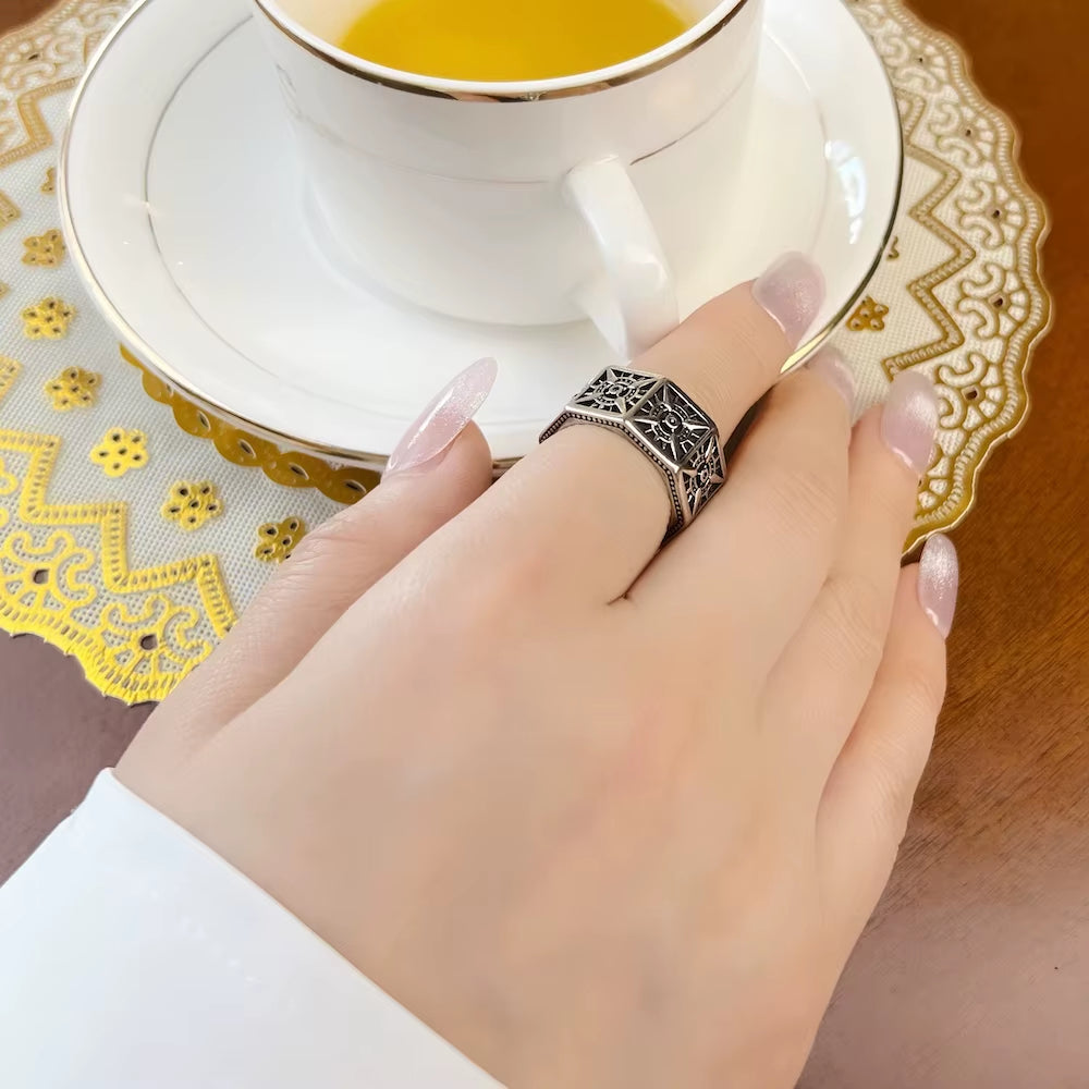 Compass Angular Black Ring in 925 Sterling Silver,Vintage Gift for Women Men,Europe Sign of Strength Winter Fine Jewelry